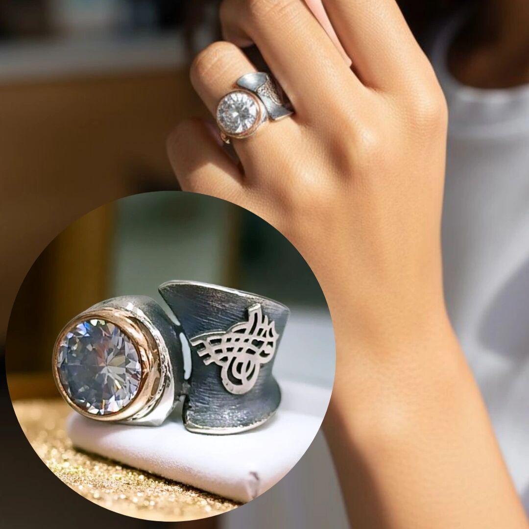 Swarovski Taşlı Tuğralı Tasarım Gümüş Yüzük