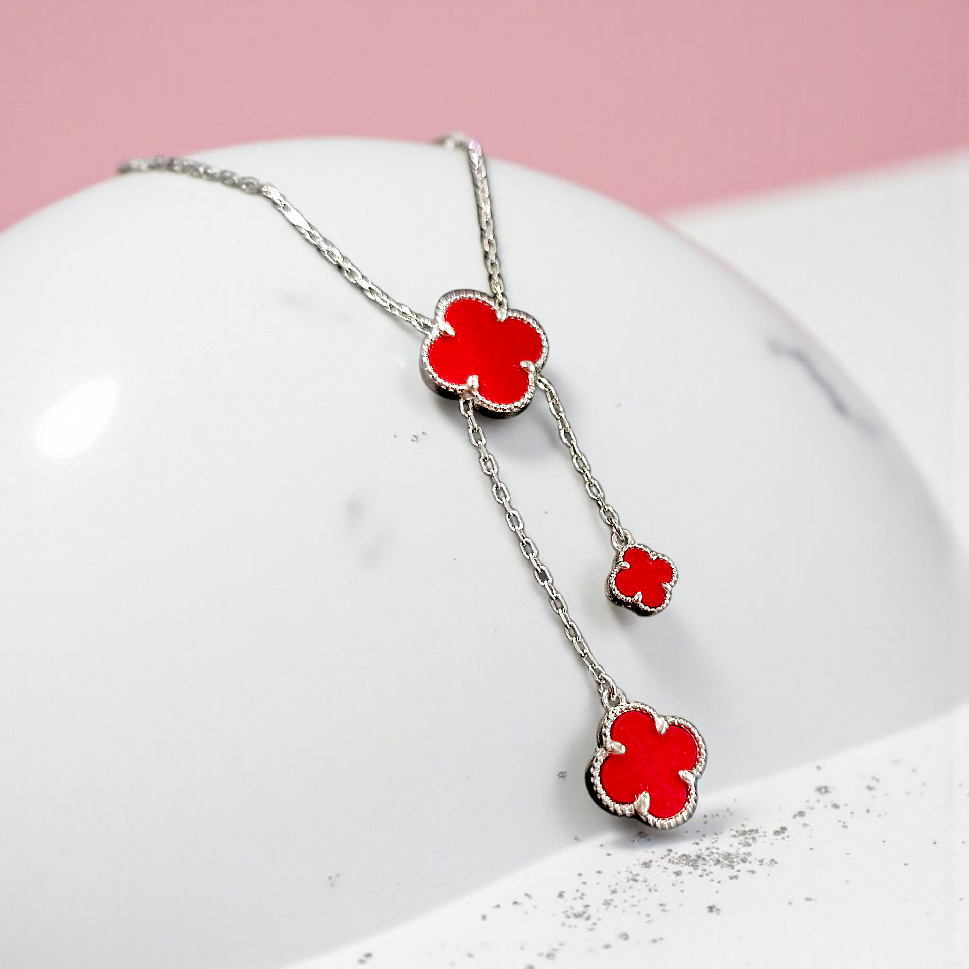 Mercan Taşlı Vancilafe Yonca Gümüş Kolye