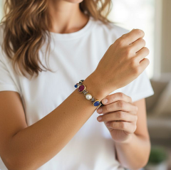 Yakut,İnci ve Safir Taşlı Tasarım Gümüş Bileklik