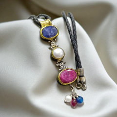 Yakut ,Safir ve İnci Taşlı Tasarım Gümüş Kolye