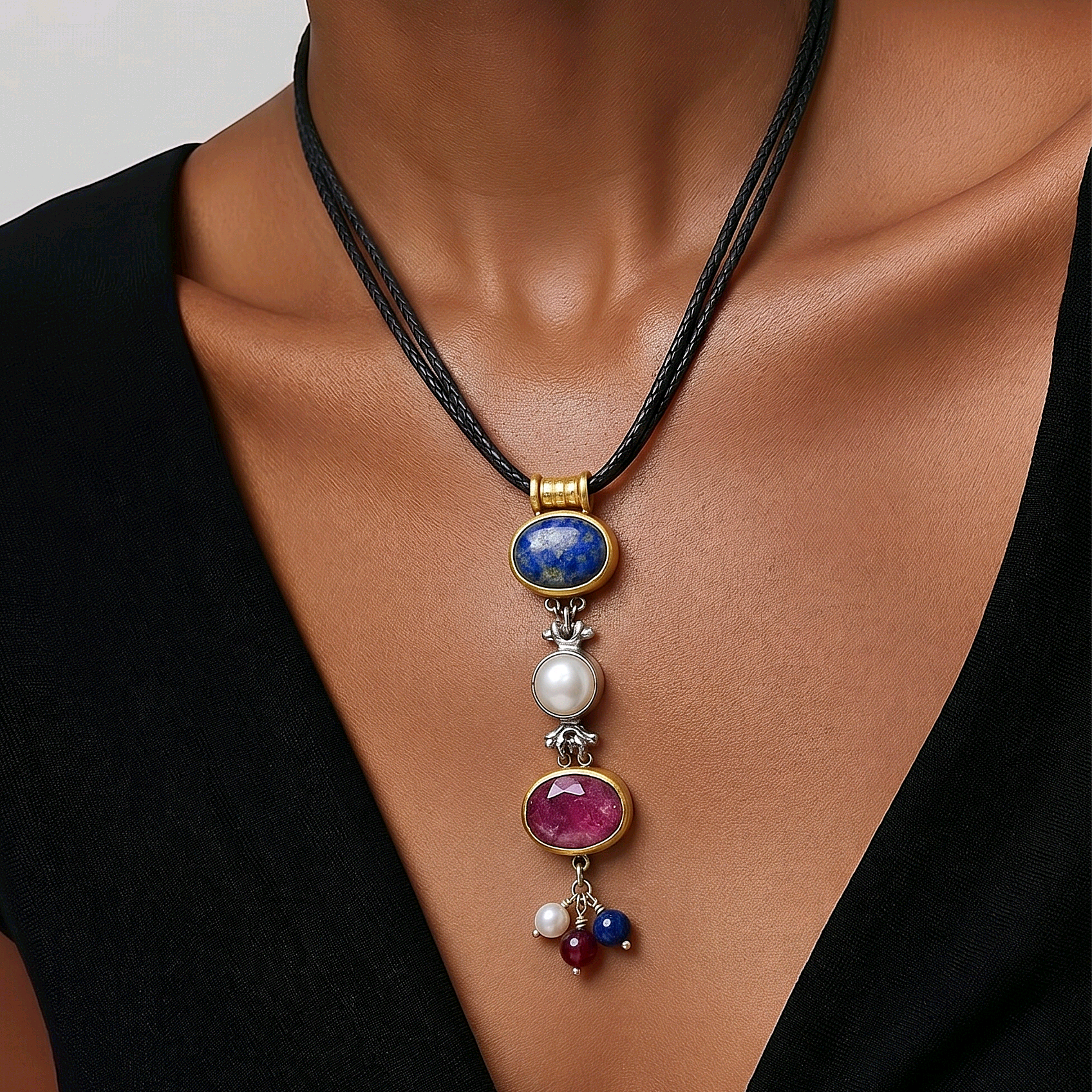 Yakut ,Safir ve İnci Taşlı Tasarım Gümüş Kolye