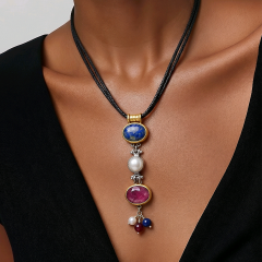 Yakut ,Safir ve İnci Taşlı Tasarım Gümüş Kolye