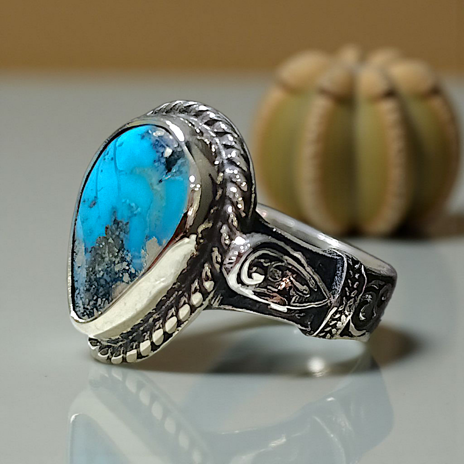 Fruze Turkuaz Taşlı Elişi Tasarım Gümüş Yüzük