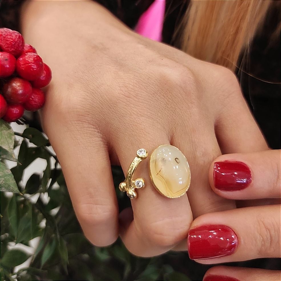 Akik Taşlı Gold Kaplamalı Gümüş Yüzük