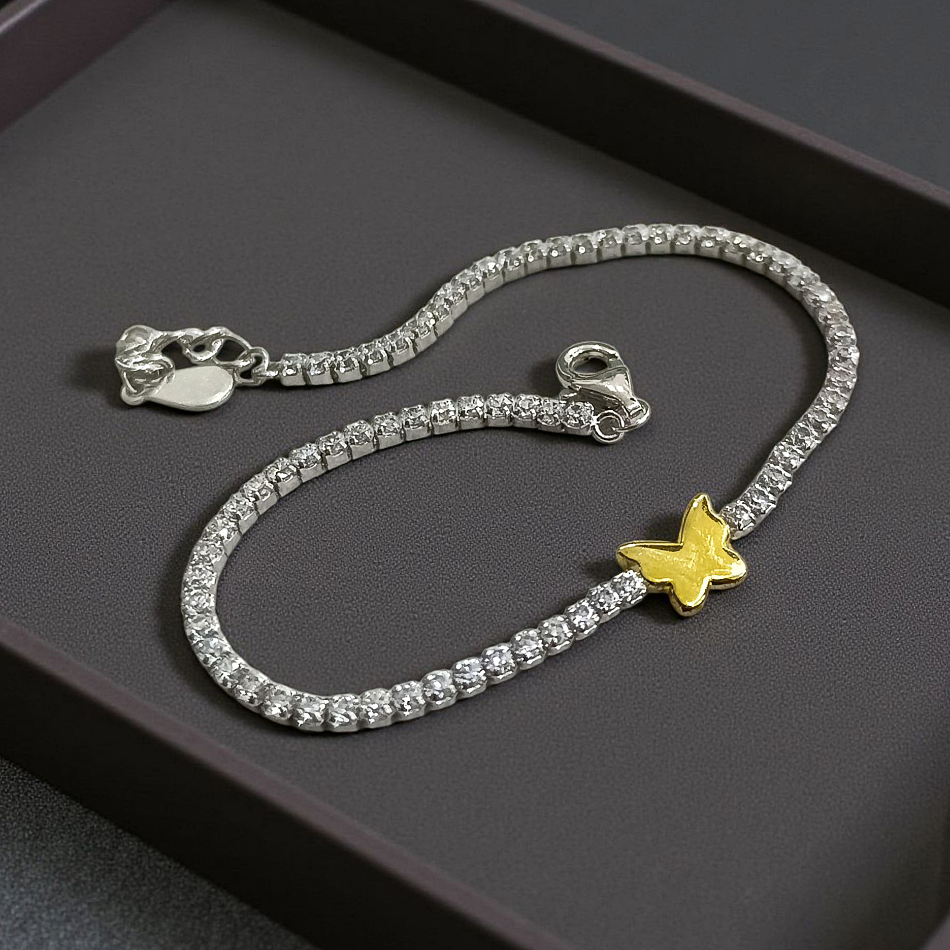 Swarovski Taşlı Altın Rodajlı Kelebek Suyolu Gümüş Bileklik