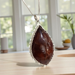 Akik Taşlı Tek Tasarım Elişi Damla Gümüş Kolye