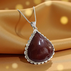 Oltu Kehribarı Tek Tasarım Elişi Damla Gümüş Kolye