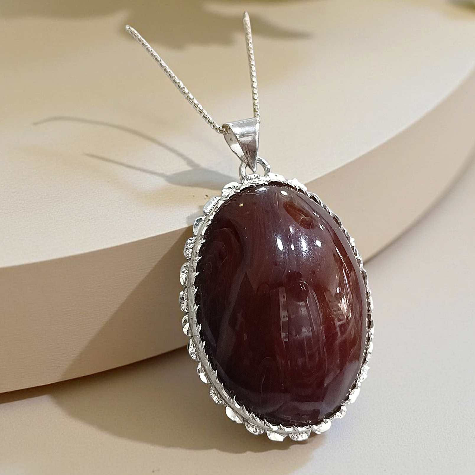 Oltu Kehribarı Tek Tasarım Oval Gümüş Kolye