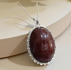 Akik Taşlı Tek Tasarım Oval Gümüş Kolye