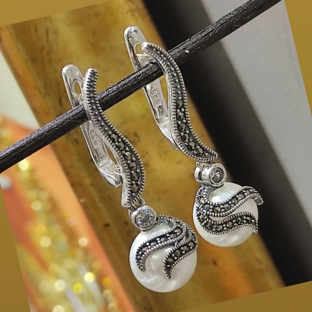 İnci ve Markiz Taşlı Gümüş Küpe