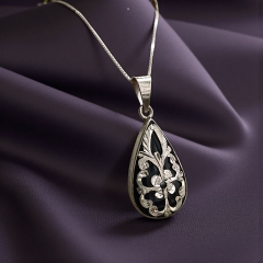 Oltu Taşlı Elişi Tasarım Damla Gümüş Kolye