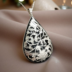 Oltu Taşlı Tek Tasarım Elişi Damla Gümüş Kolye