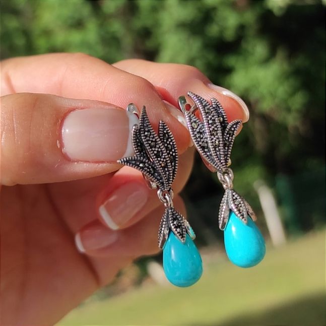 Fruze Markiz Taşlı Gümüş Tasarım Küpe