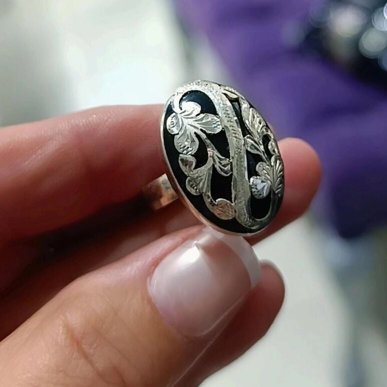 Oltu Taşlı Tasarım Elişi Oval Gümüş Yüzük