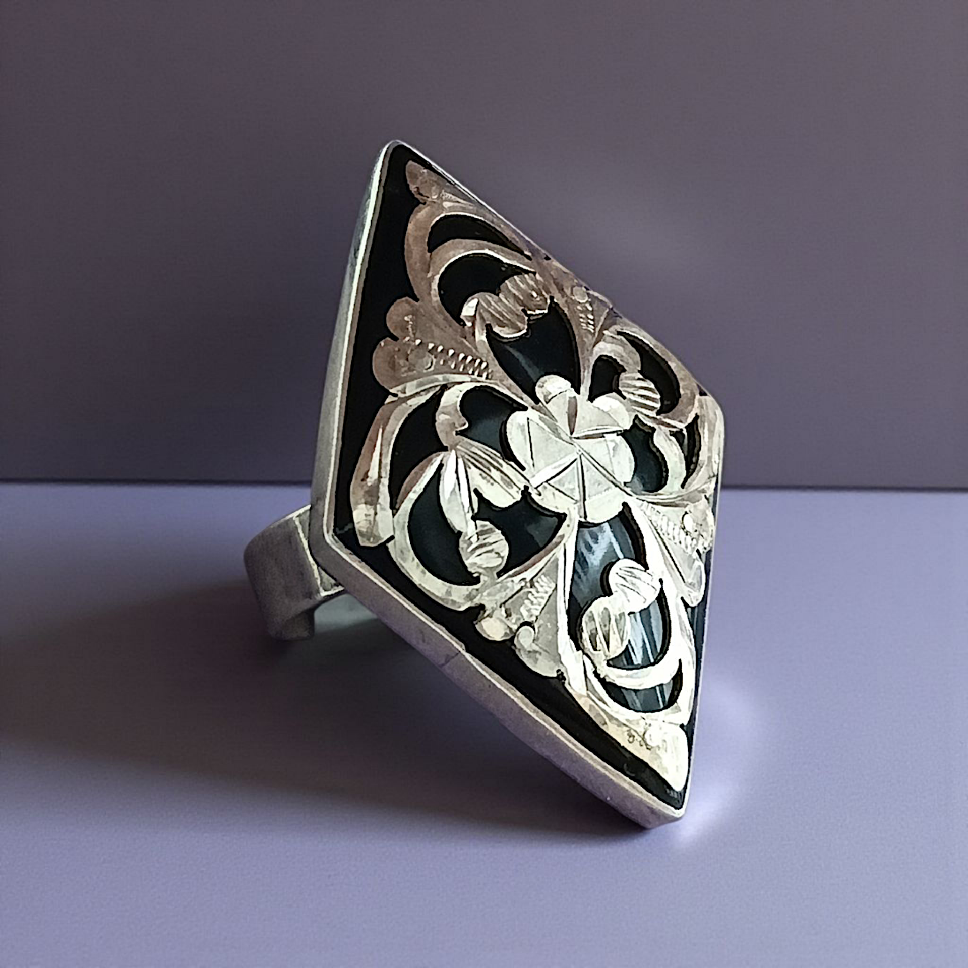 Oltu Taşlı Elişi Tasarım Gümüş Yüzük