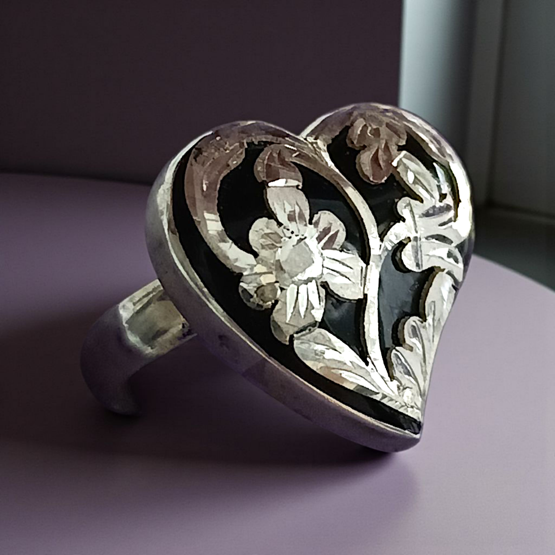 Oltu Taşlı Tasarım Elişi Kalp Gümüş Yüzük