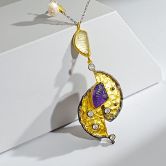 Ametist ve Turmalin Taşlı Tek Tasarım Altın Kaplama Gümüş Kolye