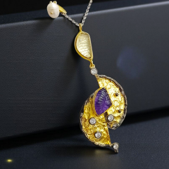 Ametist ve Turmalin Taşlı Tek Tasarım Altın Kaplama Gümüş Kolye