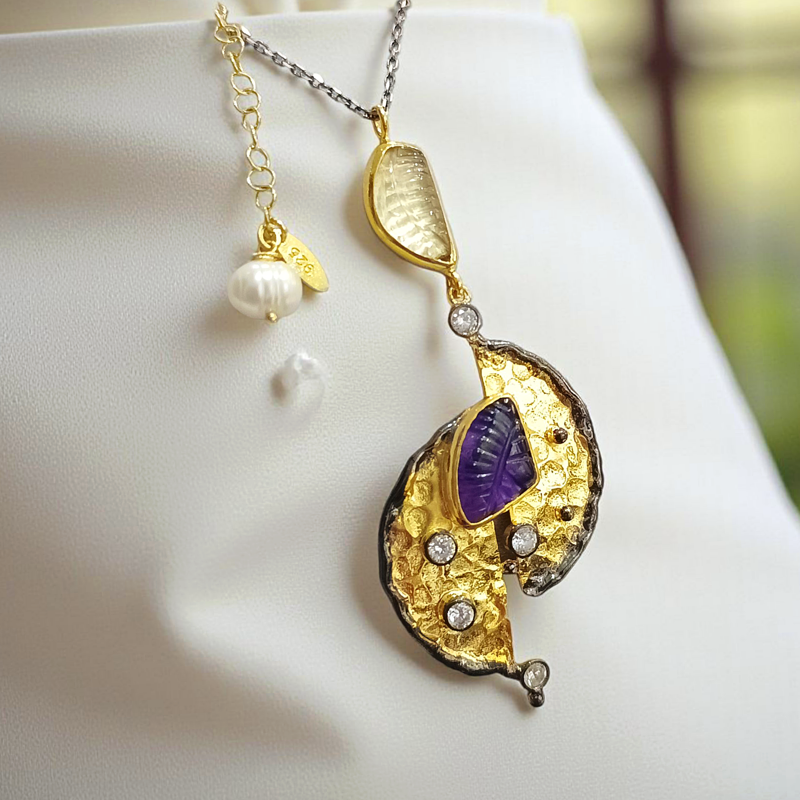 Ametist ve Turmalin Taşlı Tek Tasarım Altın Kaplama Gümüş Kolye