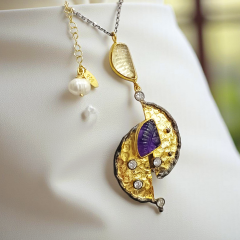 Ametist ve Turmalin Taşlı Tek Tasarım Altın Kaplama Gümüş Kolye