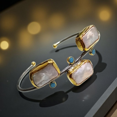 Barok inci ve Fruze Taşlı Altın Kaplamalı Tek Tasarım Gümüş Bilezik