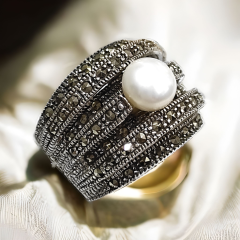 İnci ve Markiz Taşlı İthal Gümüş Yüzük