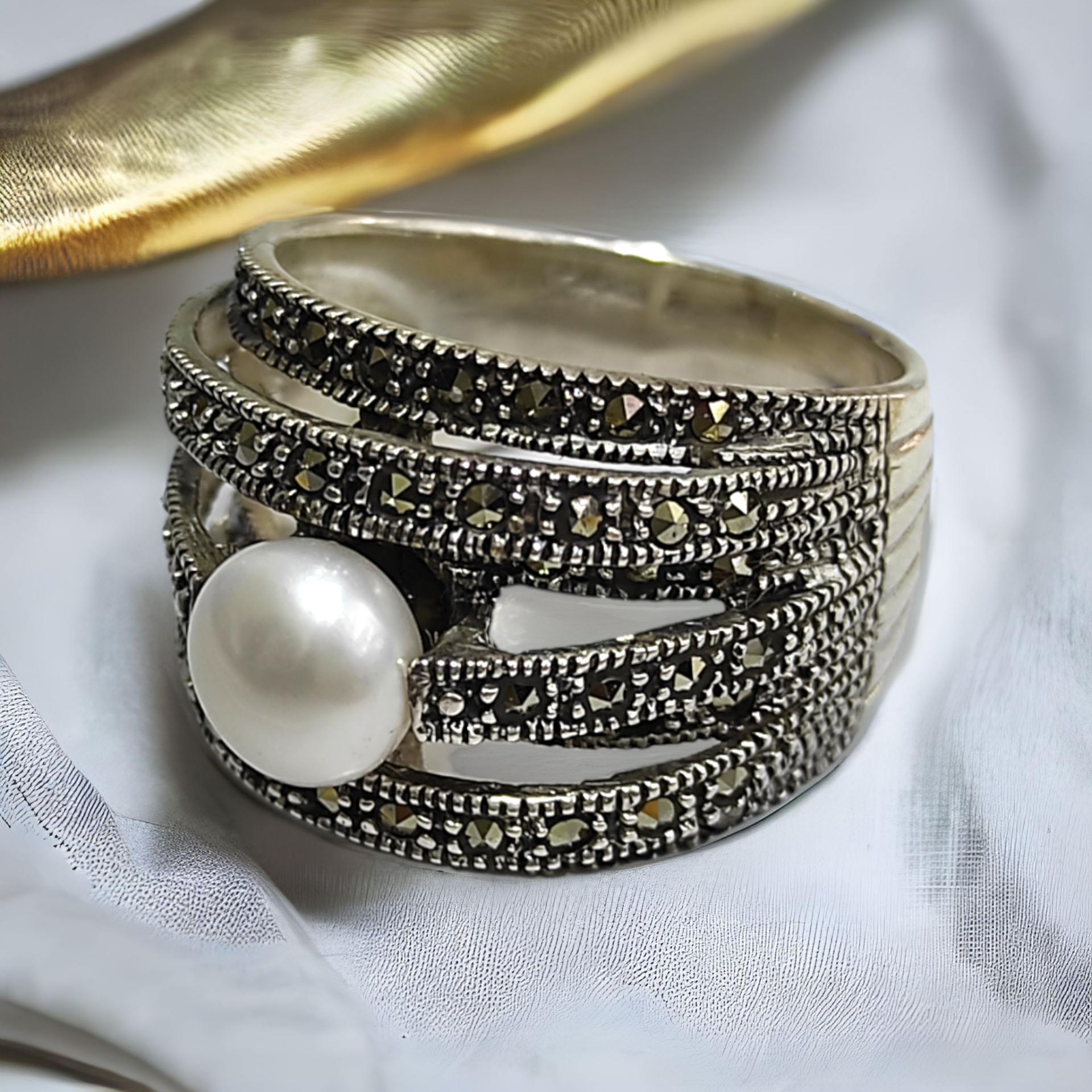 İnci ve Markiz Taşlı İthal Gümüş Yüzük