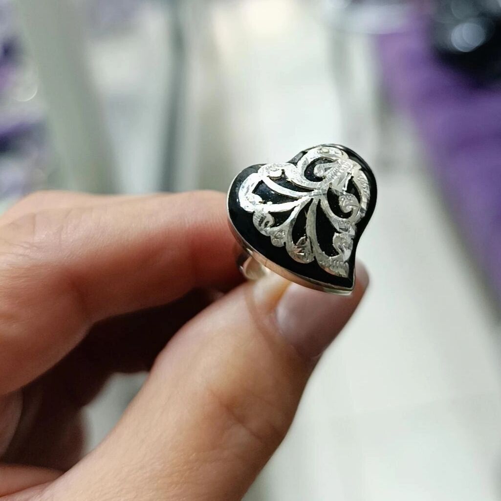 Oltu Taşlı Kalp Model Elişi Gümüş Yüzük