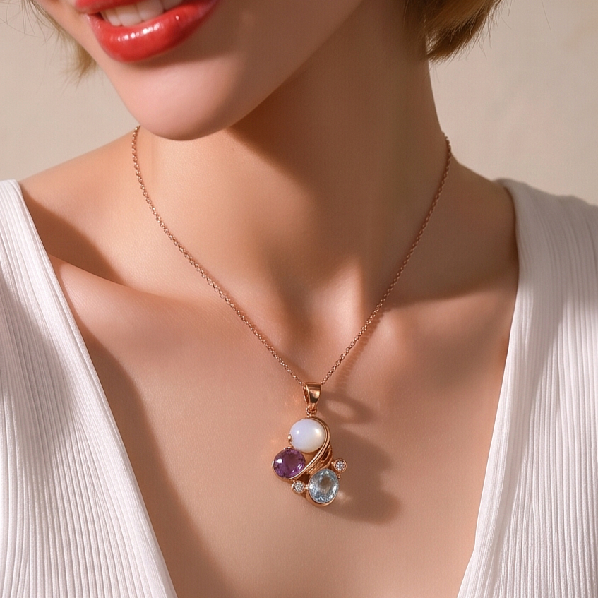 Akuamarin,Oniks, Ametist Taşlı Gümüş Kolye