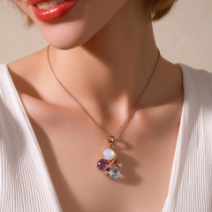 Akuamarin,Oniks, Ametist Taşlı Gümüş Kolye