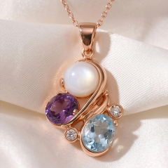 Akuamarin,Oniks, Ametist Taşlı Gümüş Kolye