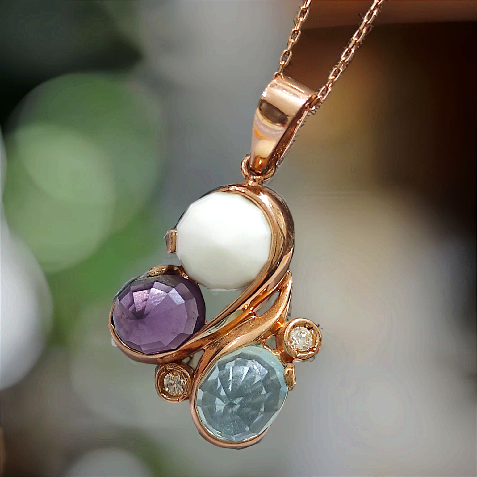 Akuamarin,Oniks, Ametist Taşlı Gümüş Kolye