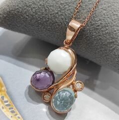 Akuamarin,Oniks, Ametist Taşlı Gümüş Kolye