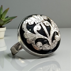 Oltu Taşlı Yuvarlak Elişi Tasarım Gümüş Yüzük