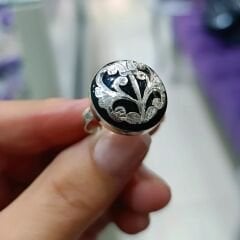 Oltu Taşlı Yuvarlak Elişi Tasarım Gümüş Yüzük