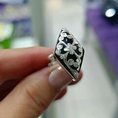 Oltu Taşlı Tasarım Elişi Mekik Gümüş Yüzük