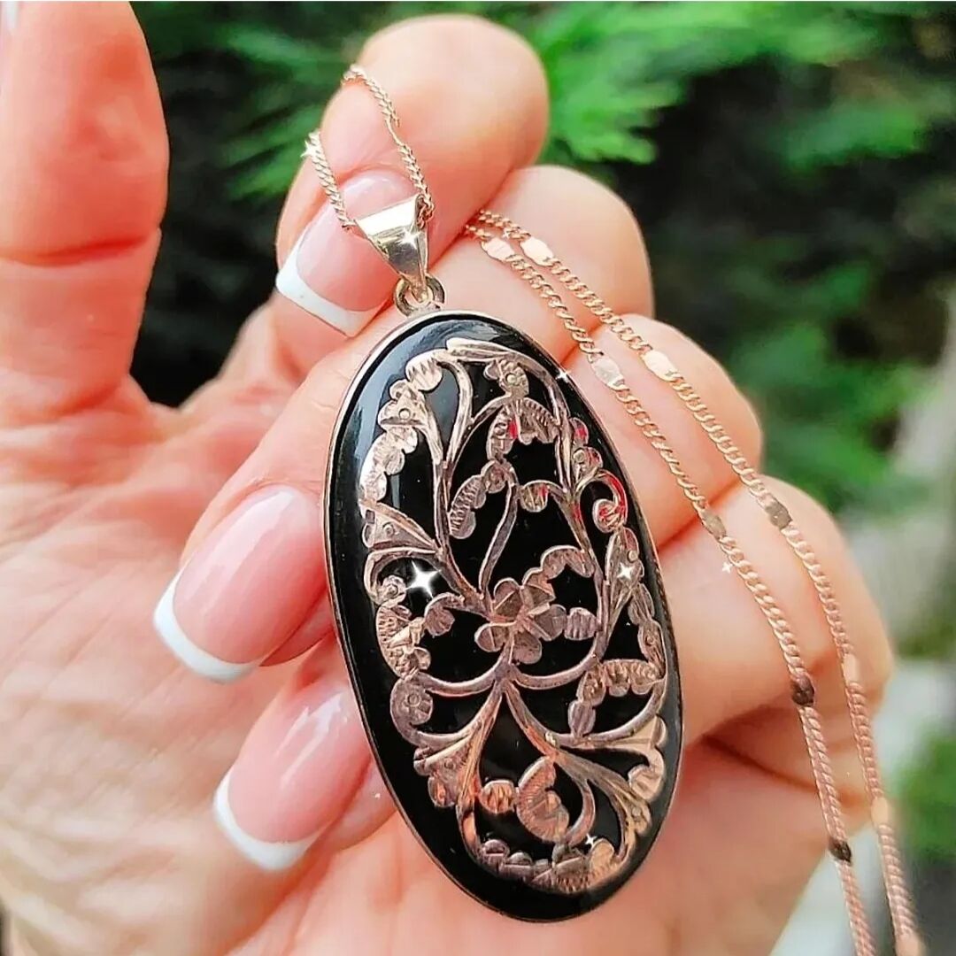 Oltu Taşlı Rose Elişi Tasarım Gümüş Kolye