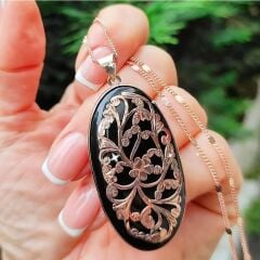 Oltu Taşlı Rose Elişi Tasarım Gümüş Kolye