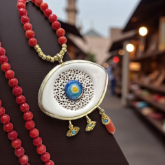 Mercan Taşlı Nazarlık lı Tasarım Gümüş Kolye