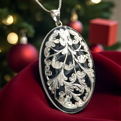 Oltu Taşlı Tek  Tasarım Elişi Gümüş Oval Kolye