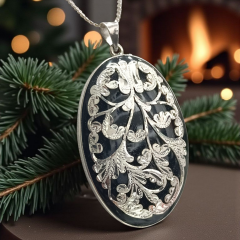 Oltu Taşlı Tek  Tasarım Elişi Gümüş Oval Kolye