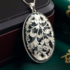 Oltu Taşlı Tek  Tasarım Elişi Gümüş Oval Kolye
