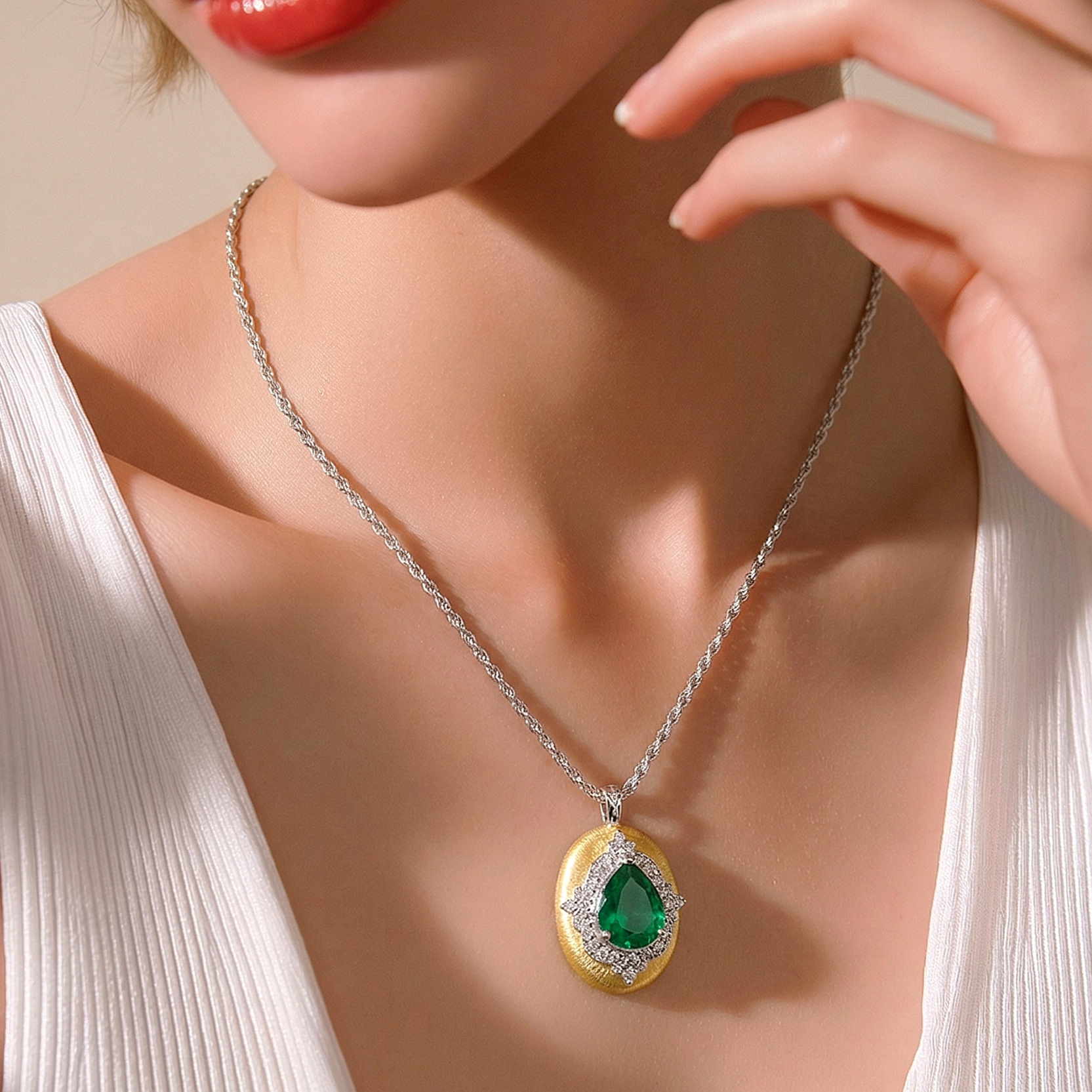 Mozanit ve Zümrüt Taşlı Altın Kaplamalı Gümüş Kolye