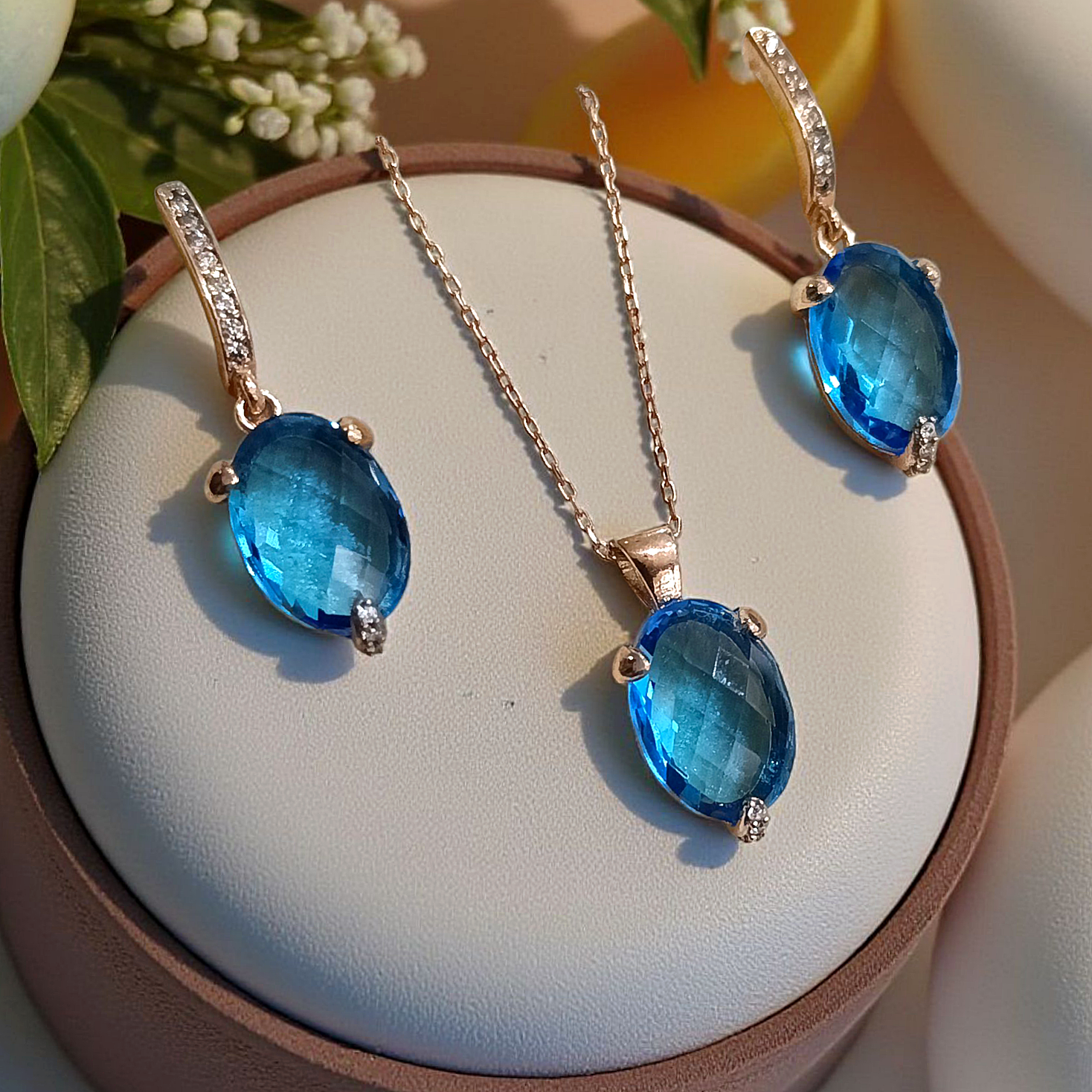 Akuamarin Taşlı Rose Altın kaplamalı Gümüş Set