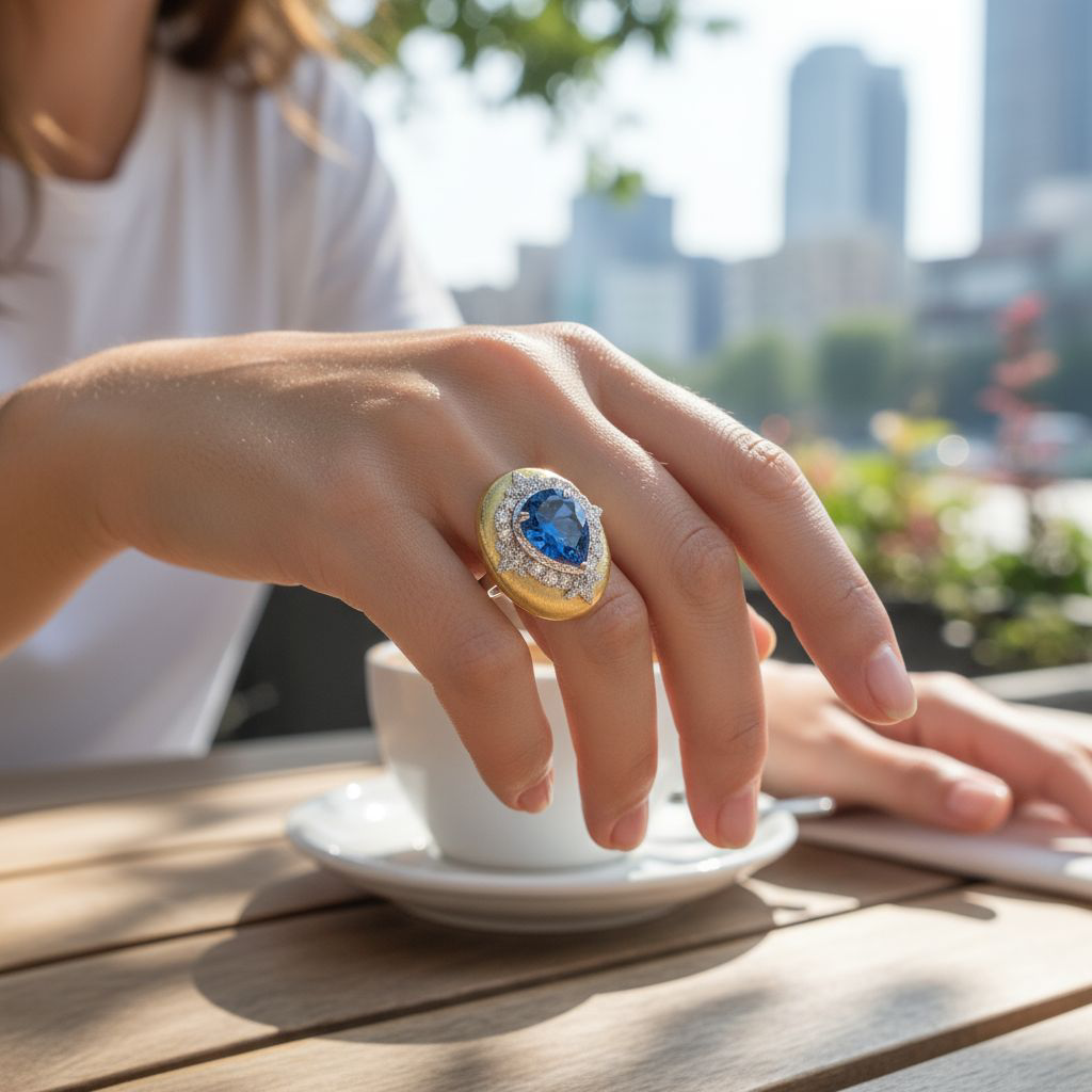 Safir ve Mozanit Taşlı Altın Kaplamalı İthal Tasarım Gümüş Yüzük