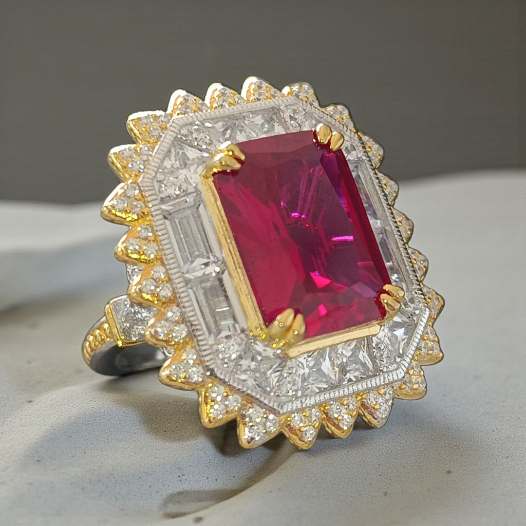 Yakut ve Mozanit Taşlı Altın Rodajlı İthal Gümüş Yüzük