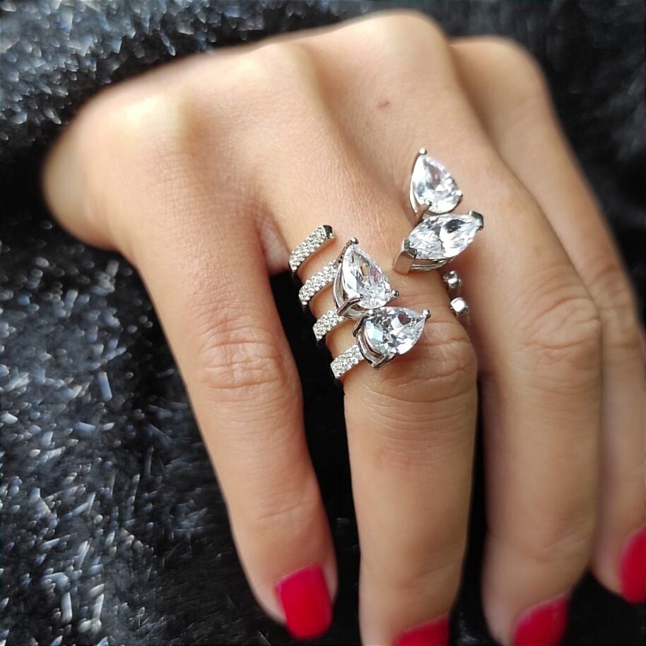 Swarovski Taşlı , Altın Kaplamalı İthal Gümüş Yüzük