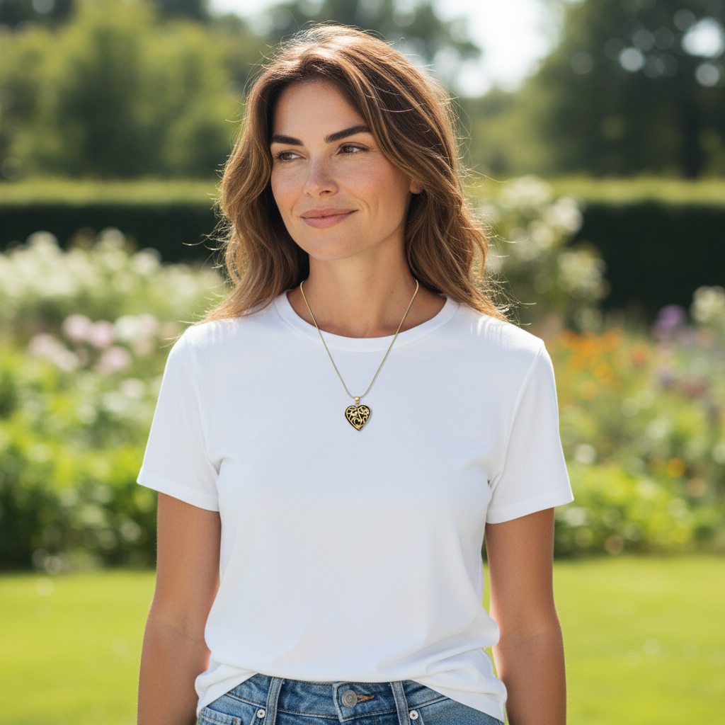 Oltu Taşlı Elişi Altın Kaplamalı Kalp Gümüş Kolye