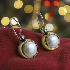 İnci Taşlı Gold renkli Tasarım Gümüş Küpe