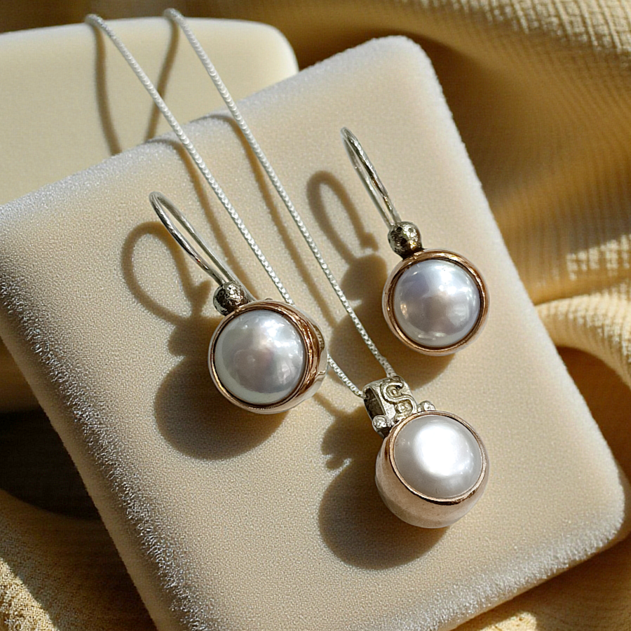 İnci Taşlı Tasarım Rose Gümüş Kolye küpe set